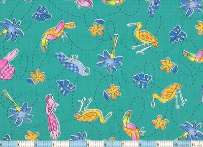 Island Gingham Birds Palms Green Fabric